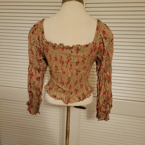 Angie Boho Floral Smocked Peasant Crop Top Y2K Hippie Medium - Picture 2 of 7